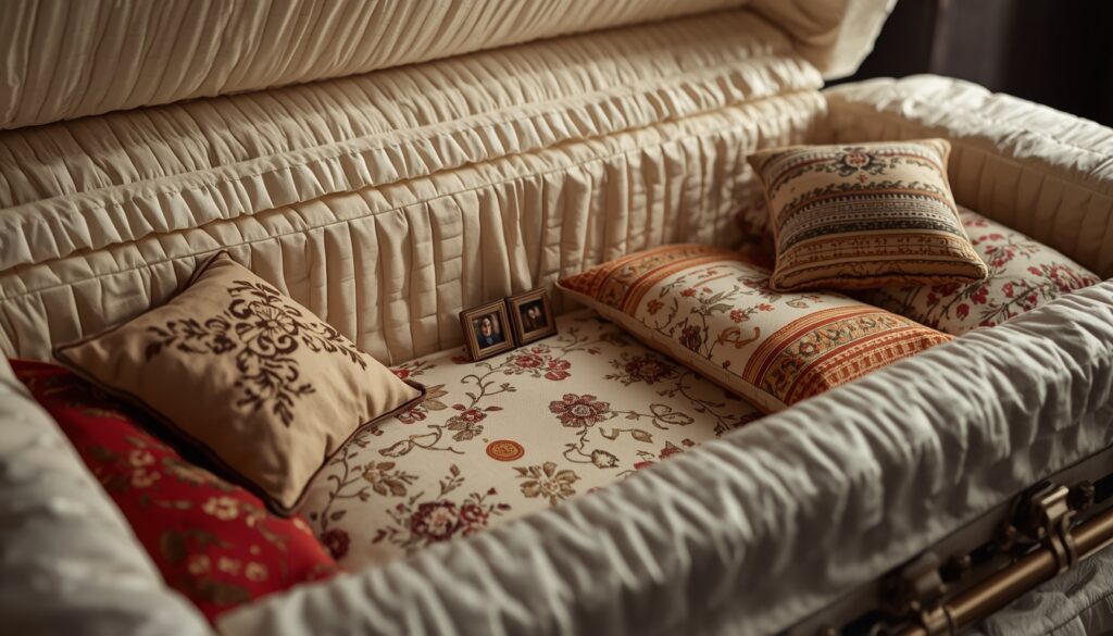 Open casket interior with personalized bedding, pillows, and meaningful mementos arranged respectfully
