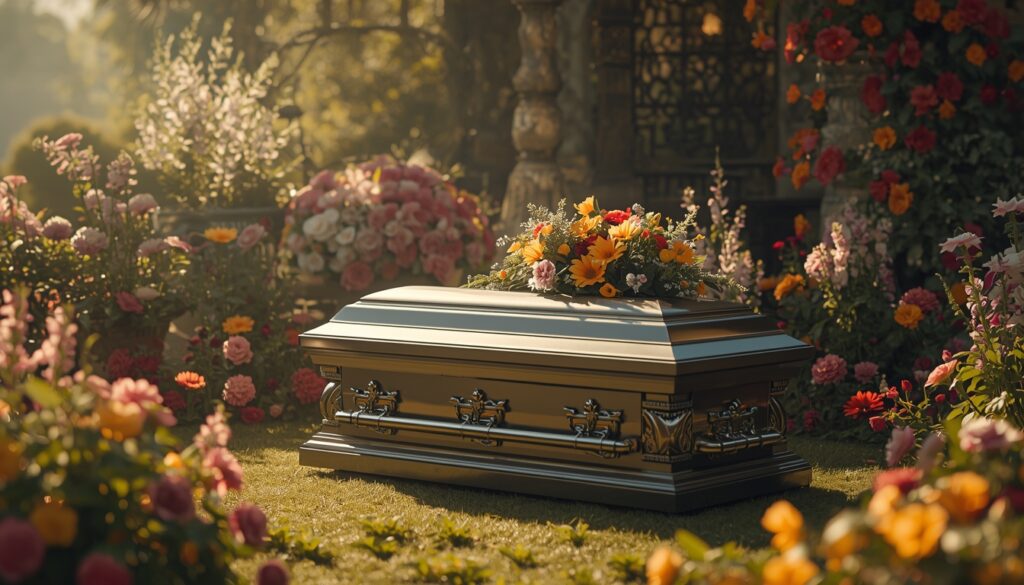 Pet casket placed in a peaceful garden memorial surrounded by flowers.