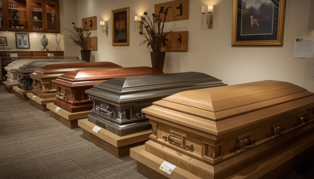 Different styles of pet caskets including wood, metal, and biodegradable designs
