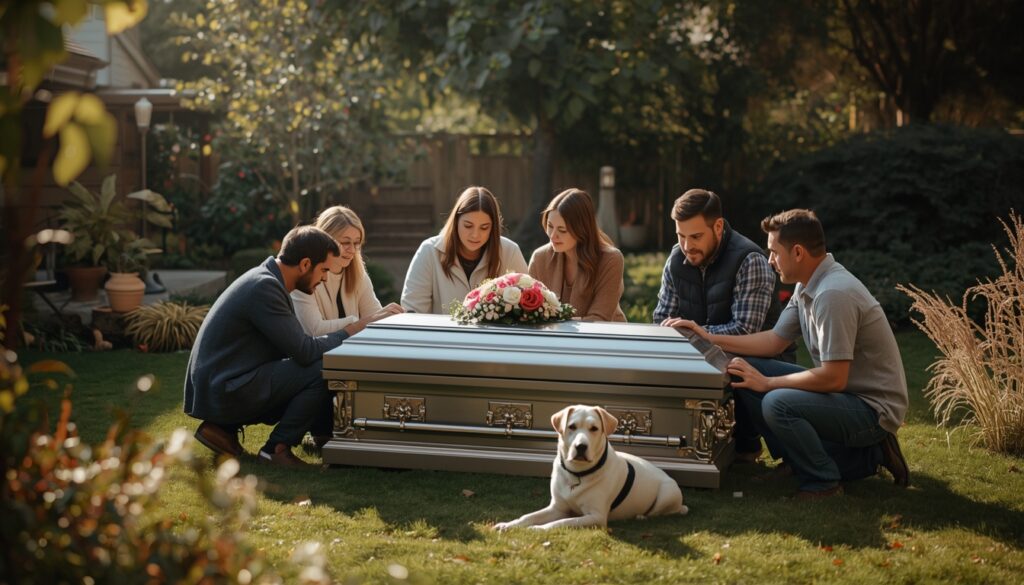 Family gathered for a small outdoor pet funeral ceremony with a pet casket.