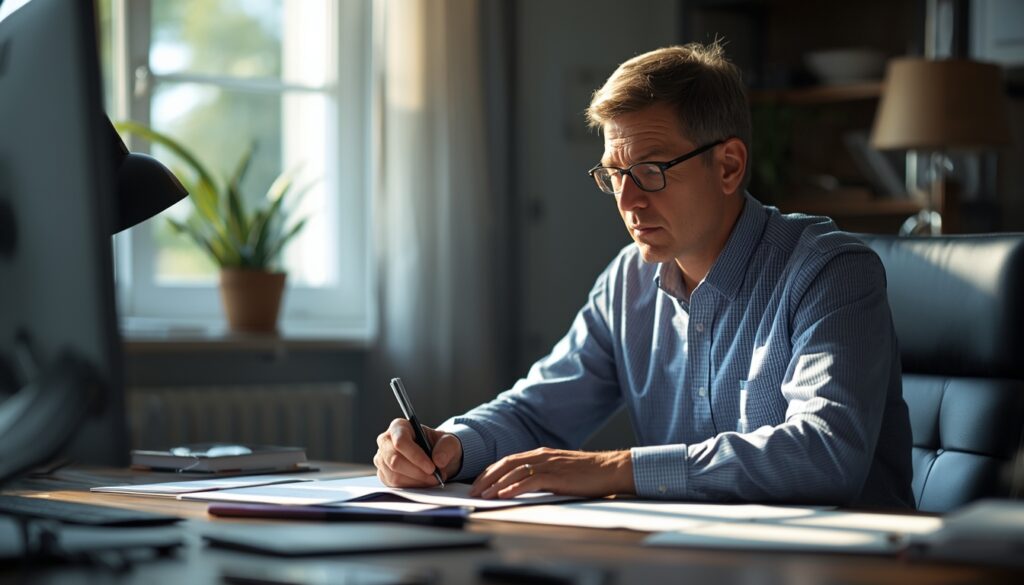 Person reviewing funeral planning documents thoughtfully at home.