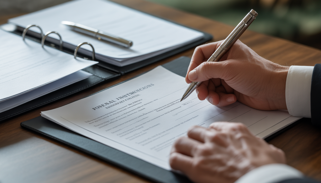 Hands writing funeral instructions in a document for family reference.