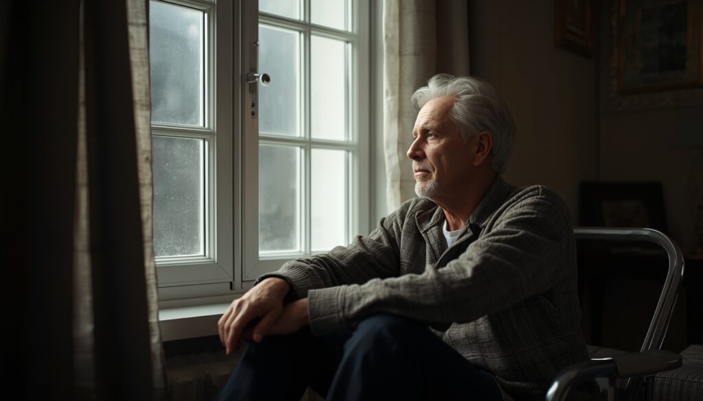 Person sitting quietly by a window in thought about life and death