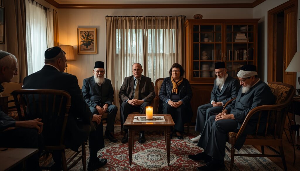 Jewish family observing Shiva while friends visit to offer comfort.