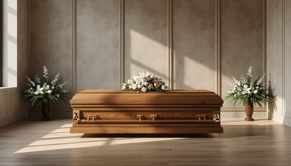 Simple closed wooden casket displayed in a quiet memorial room.