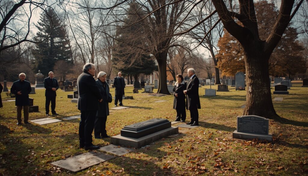 Small family graveside burial ceremony in a cemetery without elaborate decorations.