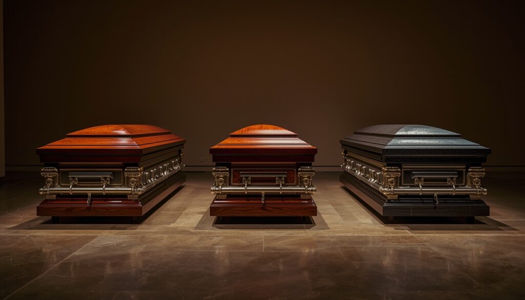Three caskets representing the major casket manufacturers in the U.S. market.