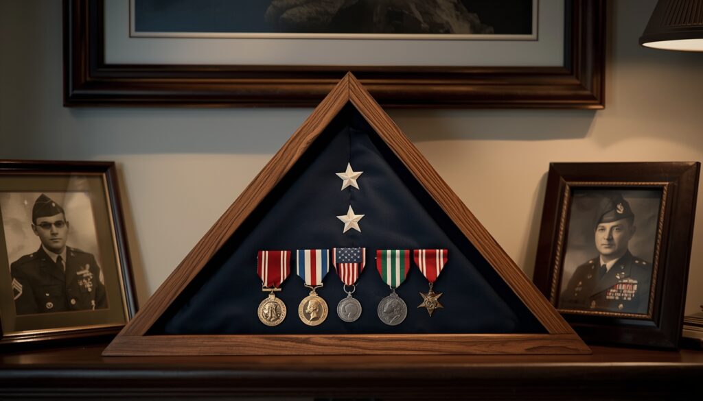 Home memorial display with folded burial flag, medals, and framed military photograph.
