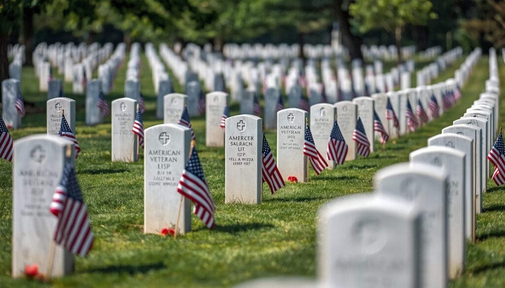White headstones and American flags in a veterans cemetery.